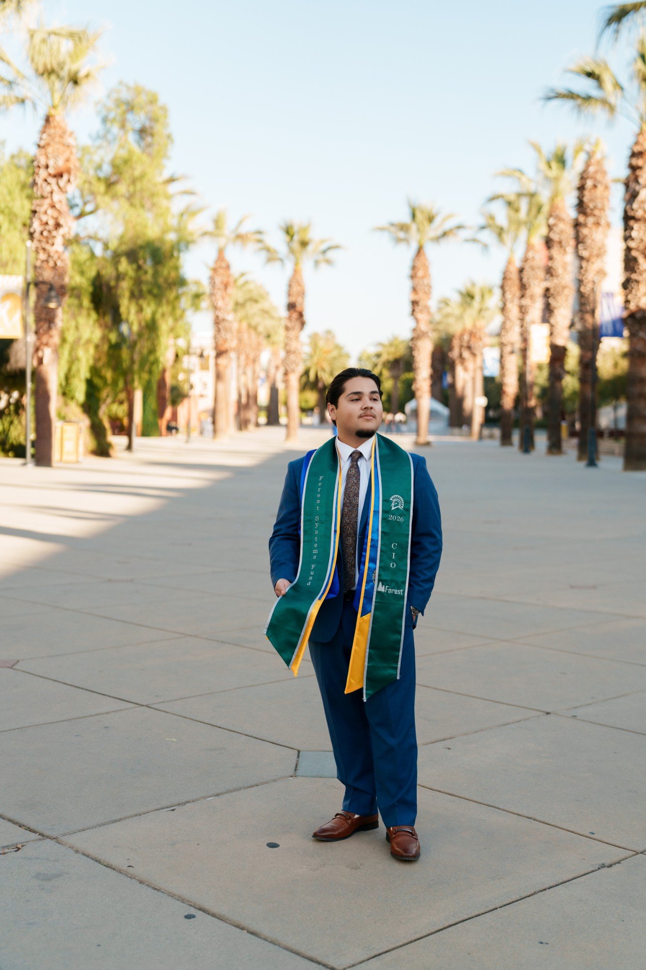 SJSU grad in blue suit and layered green and gold stoles walking confidently along the sunny palm tree promenade