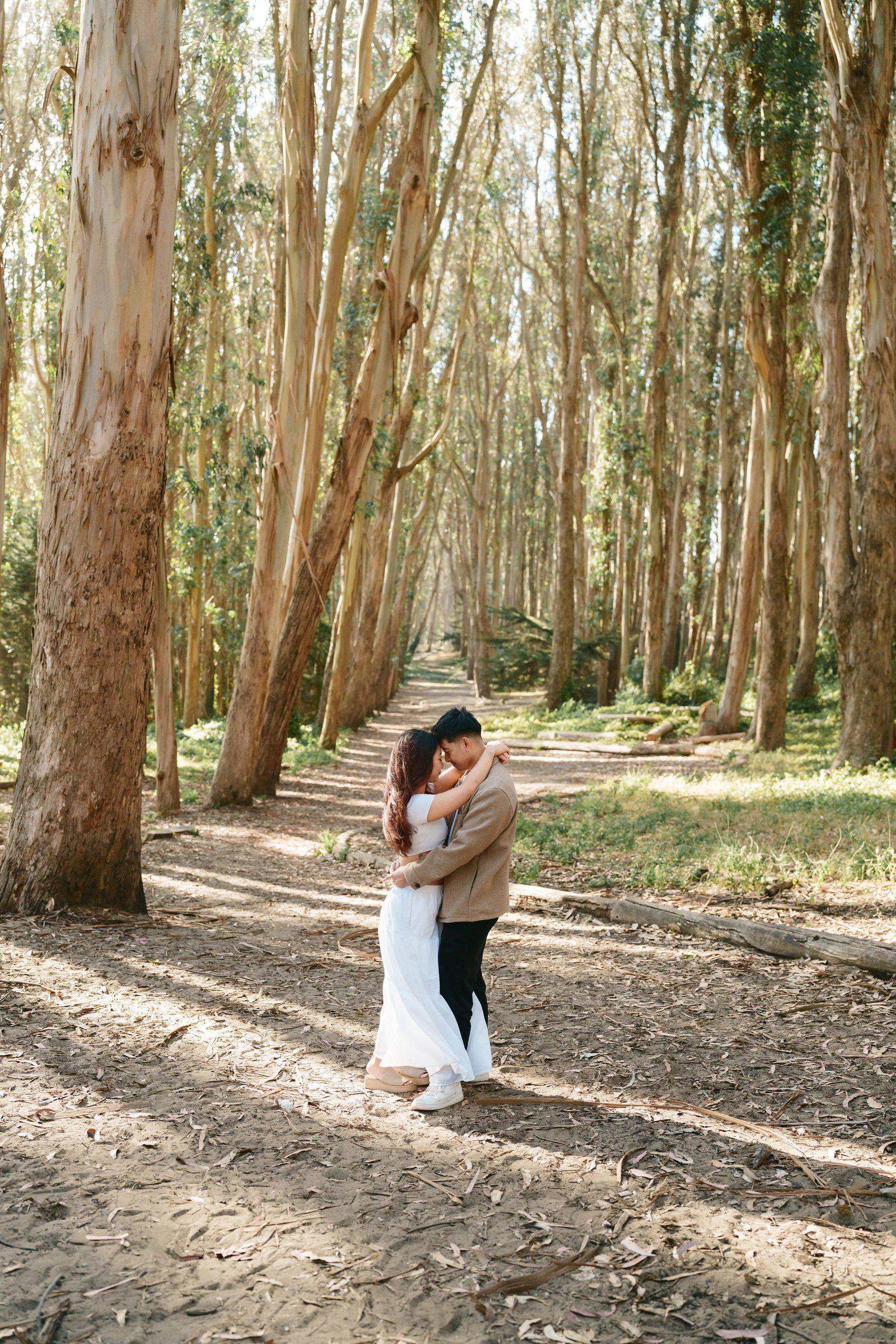 Wide shot of a couple embracing forehead-to-forehead at the center of a long eucalyptus tree corridor, sunlight streaming through tall trunks and a dirt path receding behind them.