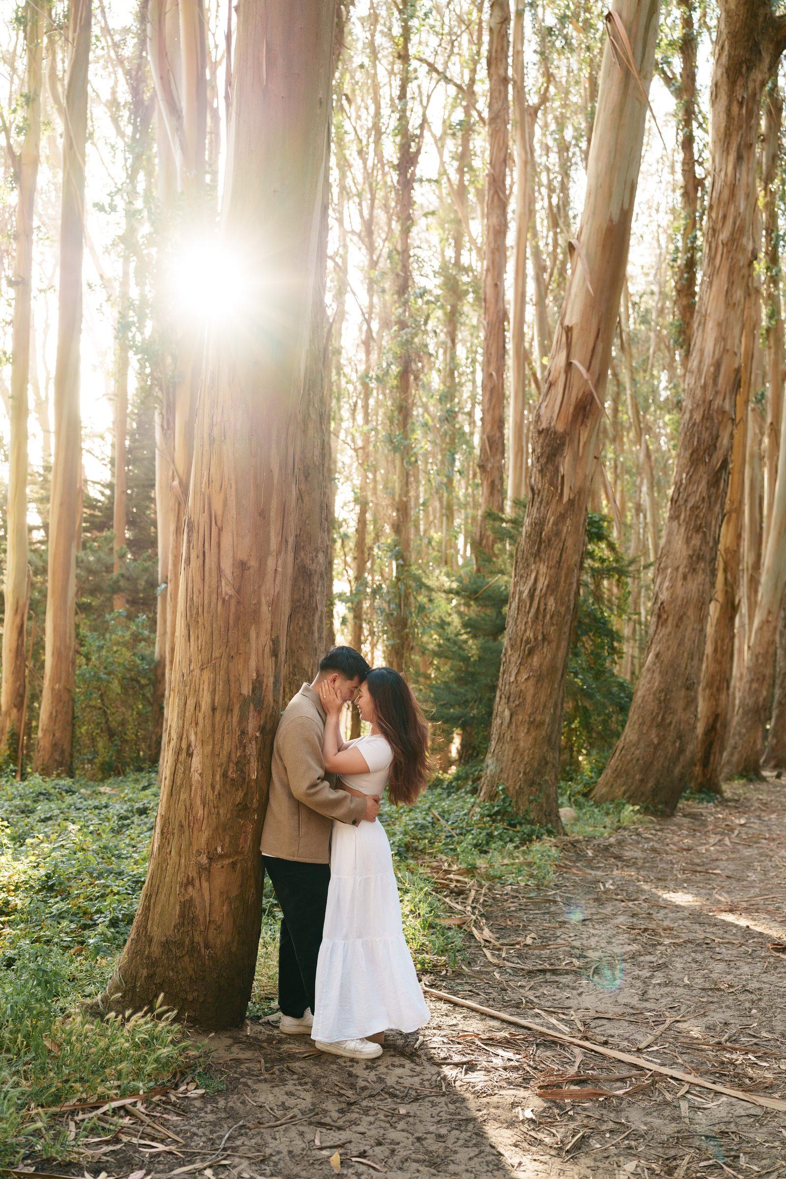 Couple sharing a quiet forehead-to-forehead moment leaning against a tall eucalyptus trunk, surrounded by a sun-drenched grove with golden lens flare and ivy-covered forest floor. She wears a white maxi dress, he wears a tan overshirt.