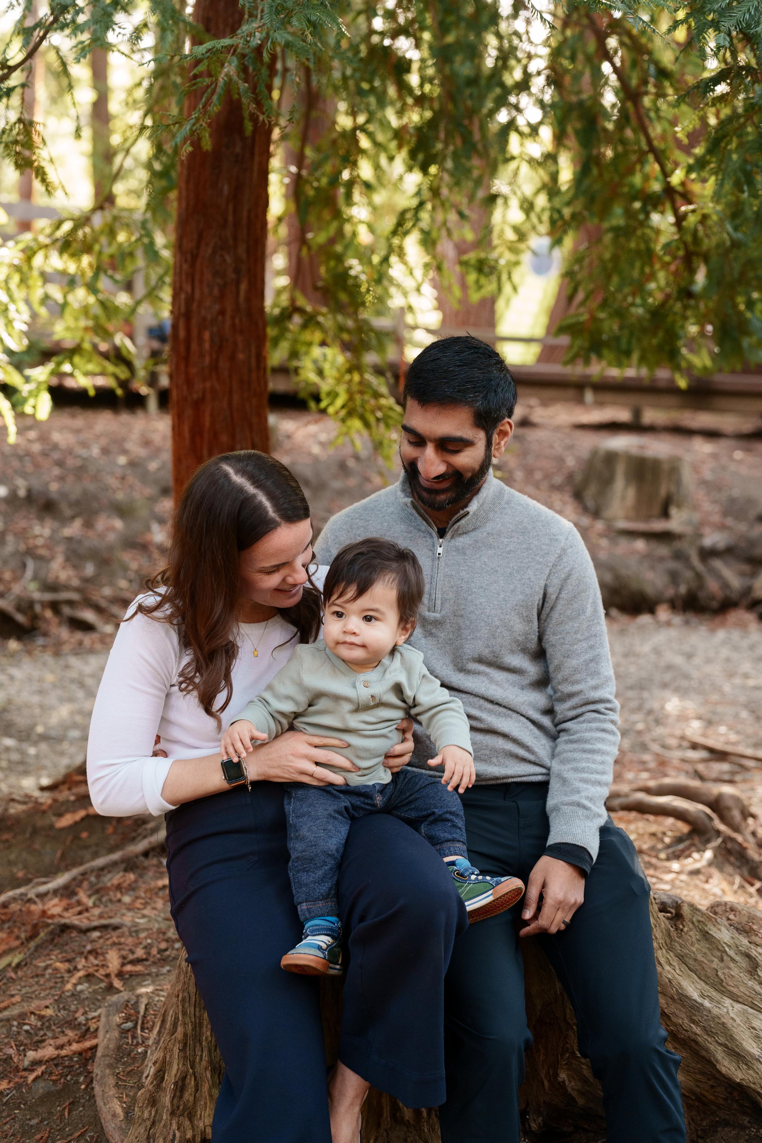 Bay Area family portrait of parents seated on a log under a redwood, holding their toddler son in a sage henley and jeans.
